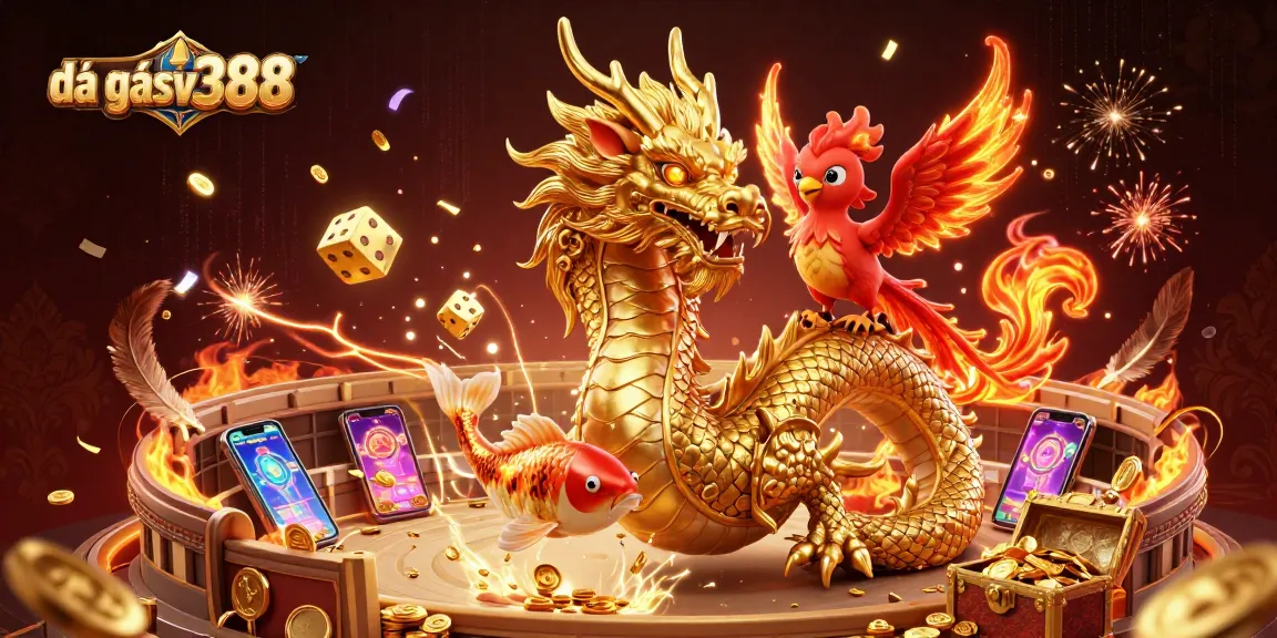 Experience the excitement of đá gà sv388 with dynamic cockfighting illustration showcasing vibrant energy and colorful casino elements.