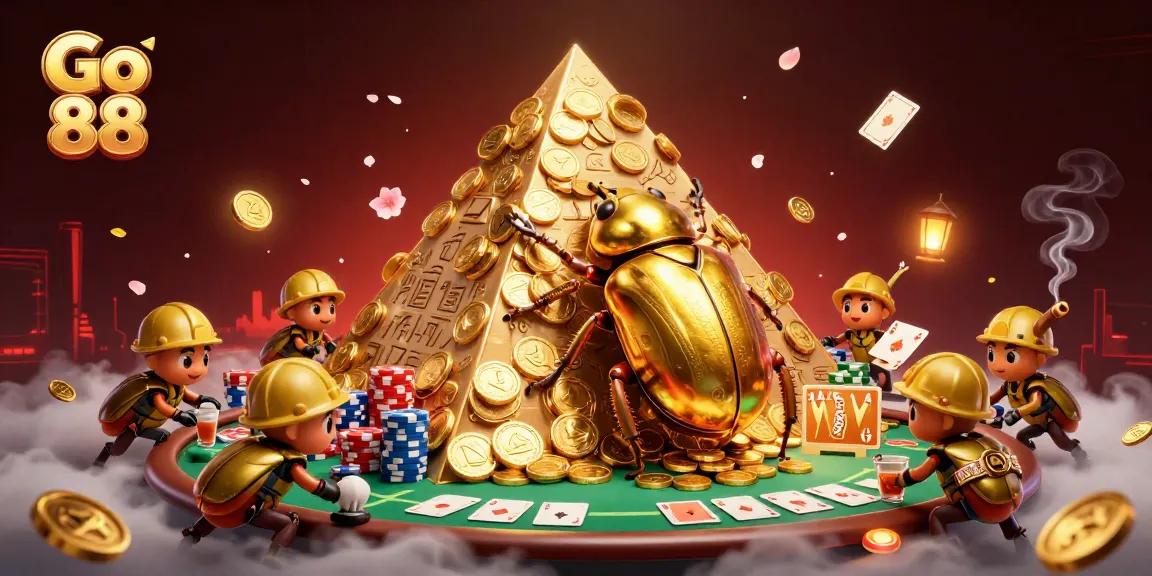 Play thrilling games at Go 88 with a vibrant scene of beetles pushing a coin ball, poker elements scattered.