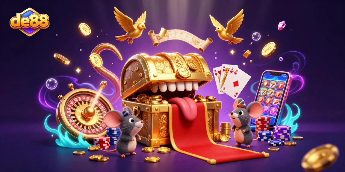Engage with de88's animated treasure chest surrounded by dazzling casino elements and winning opportunities.