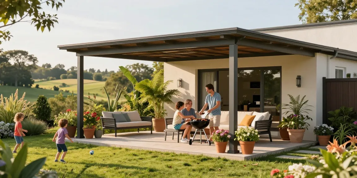 Freistehende Terrassenüberdachung im Garten mit Familie beim Grillen und bunten Pflanzen.