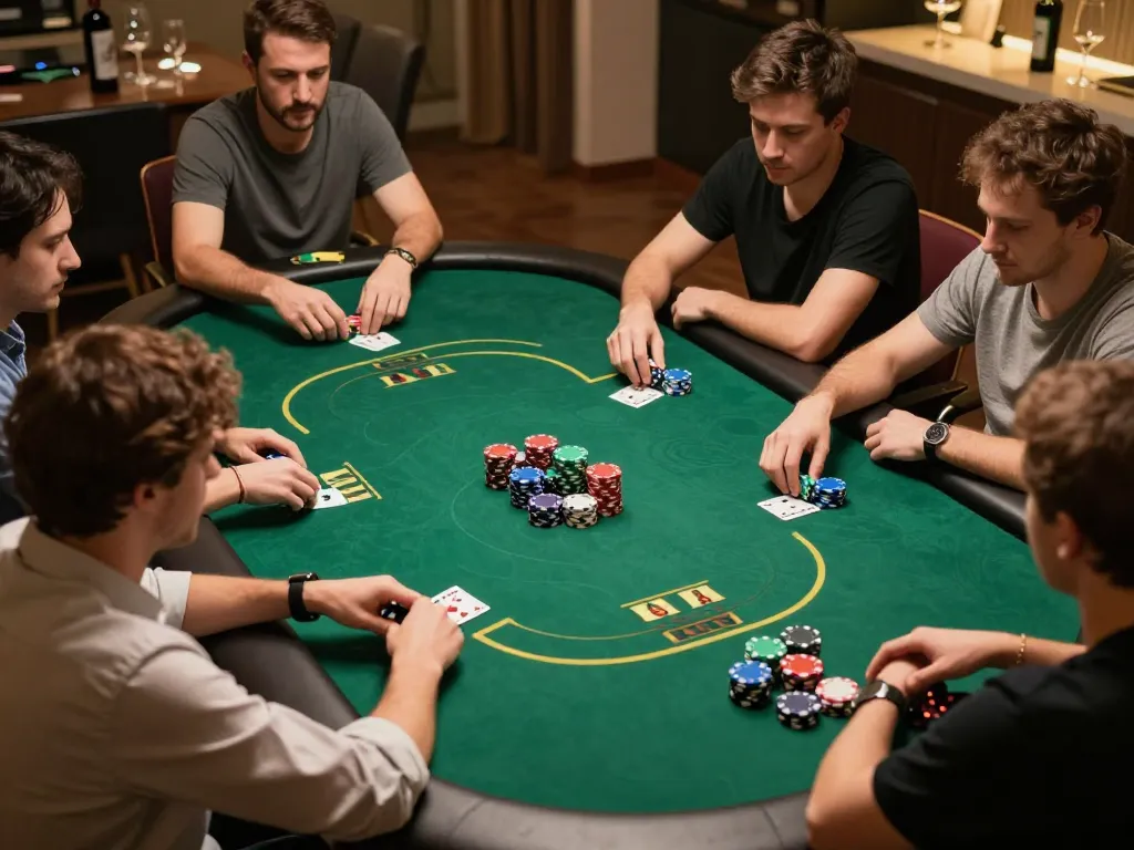 Players strategizing in an online poker game at xin88, showcasing dynamic chip action and cozy home atmosphere
