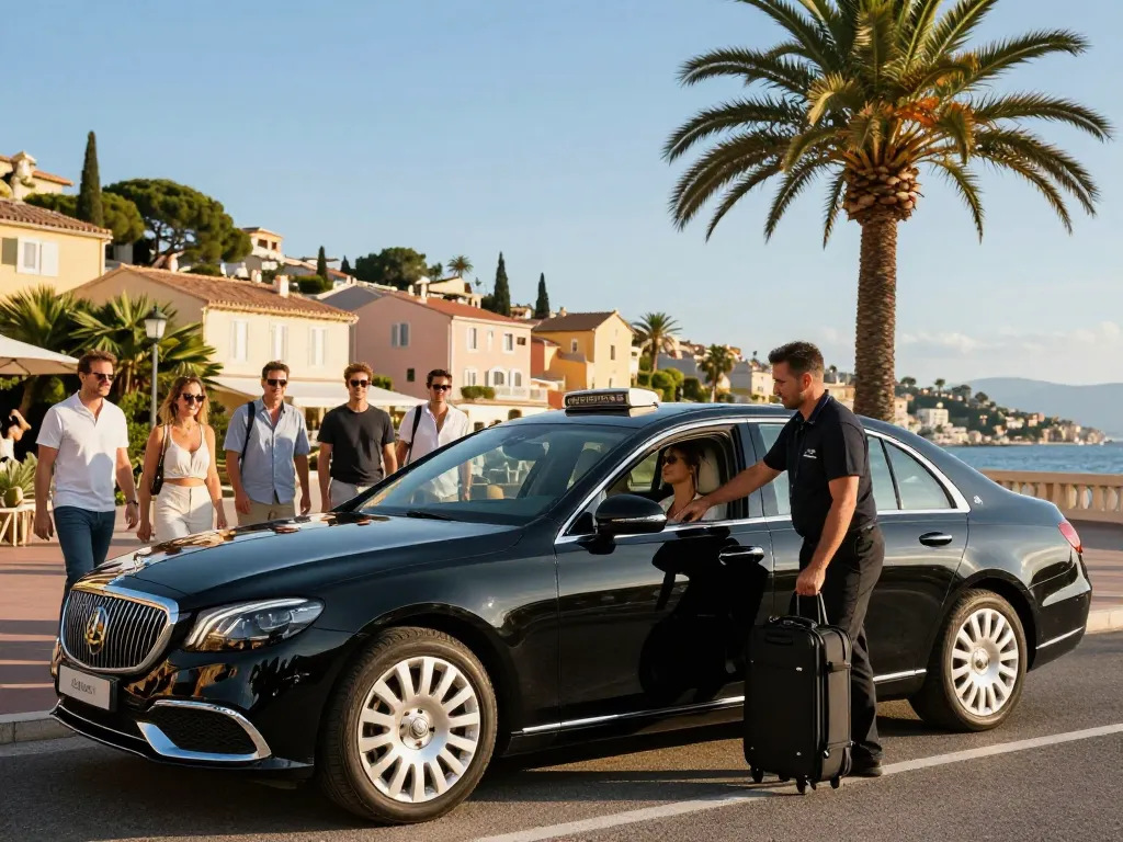 Passagers de Taxi Saint-Tropez embarquant pour un voyage luxueux avec un chauffeur professionnel.