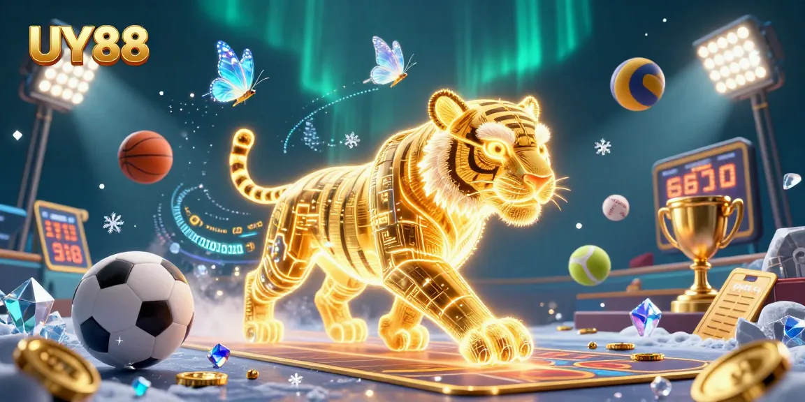 Experience UY88's vibrant casino environment with a golden tiger and animated sports elements.