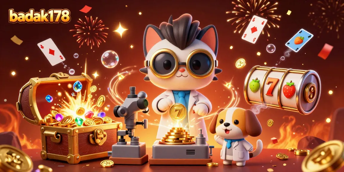 Experience thrilling wins at badak178 with a vibrant 3D casino scene featuring gold coins and slot elements.