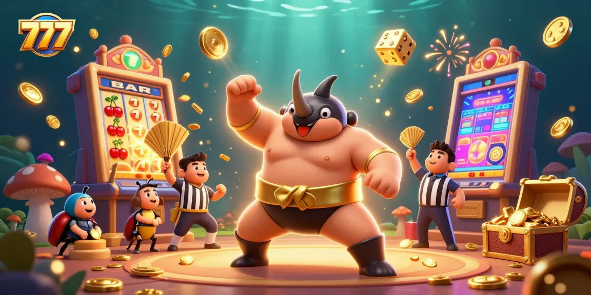 Experience the excitement of 777 slots with a sumo champion and a jackpot explosion in this captivating illustration.