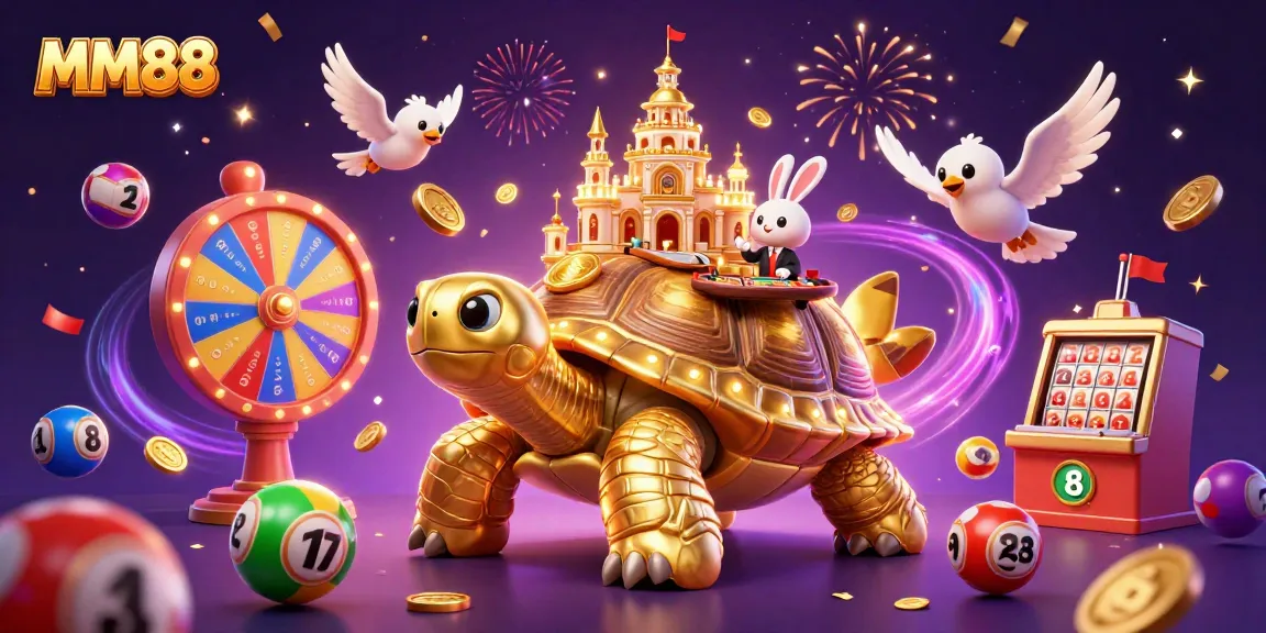 MM88 showcases a thrilling casino environment with a golden tortoise and exciting games.