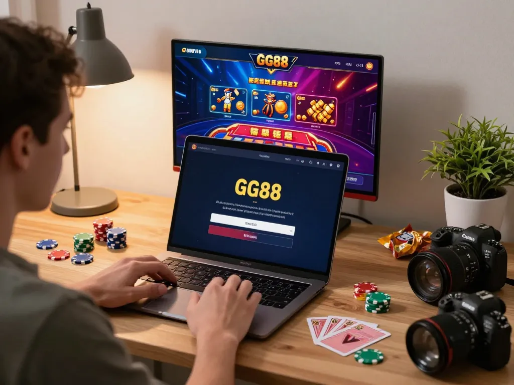 GG88 đăng nhập on a laptop showcasing online casino games with a focused player in a cozy home setting.