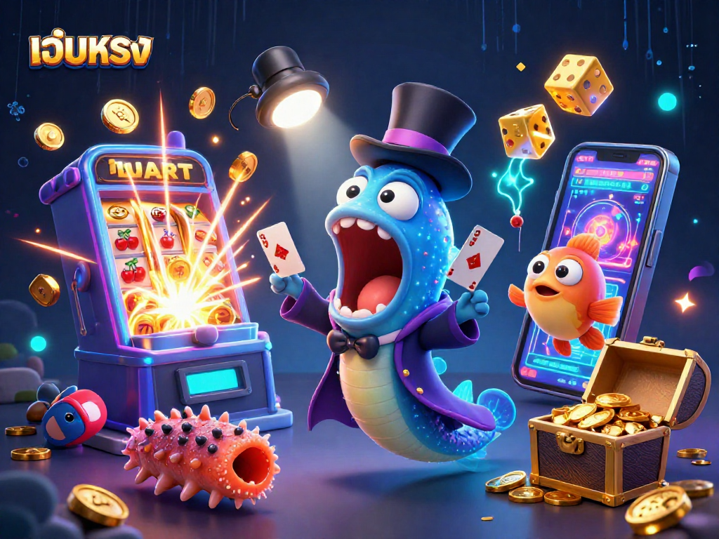 Spin and win on เว็บตรง with vibrant 3D illustrations of casino games highlighting big jackpots.