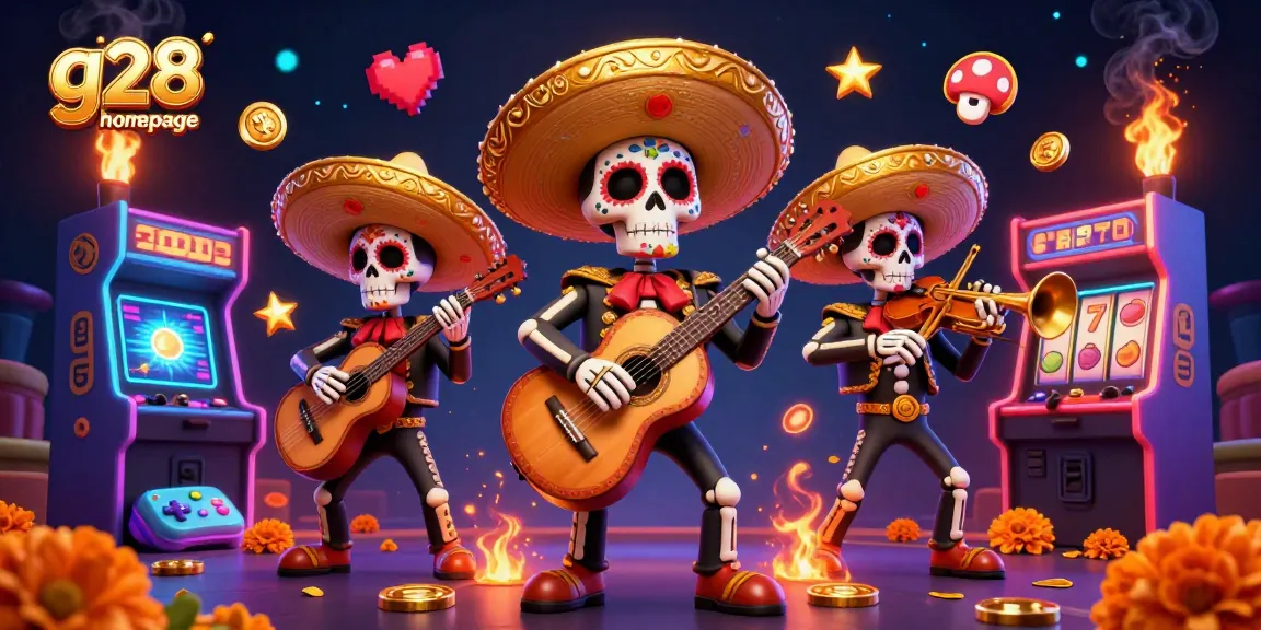 Engage with the vibrant g28 homepage through a lively 3D illustration featuring a Day of the Dead mariachi band amidst casino elements.
