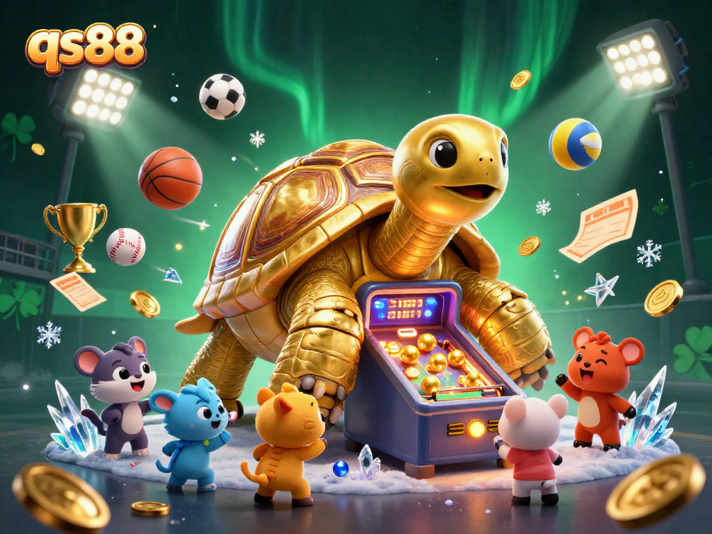 Experience thrilling gaming action at qs88 with a vibrant casino scene full of colorful characters and sports elements.