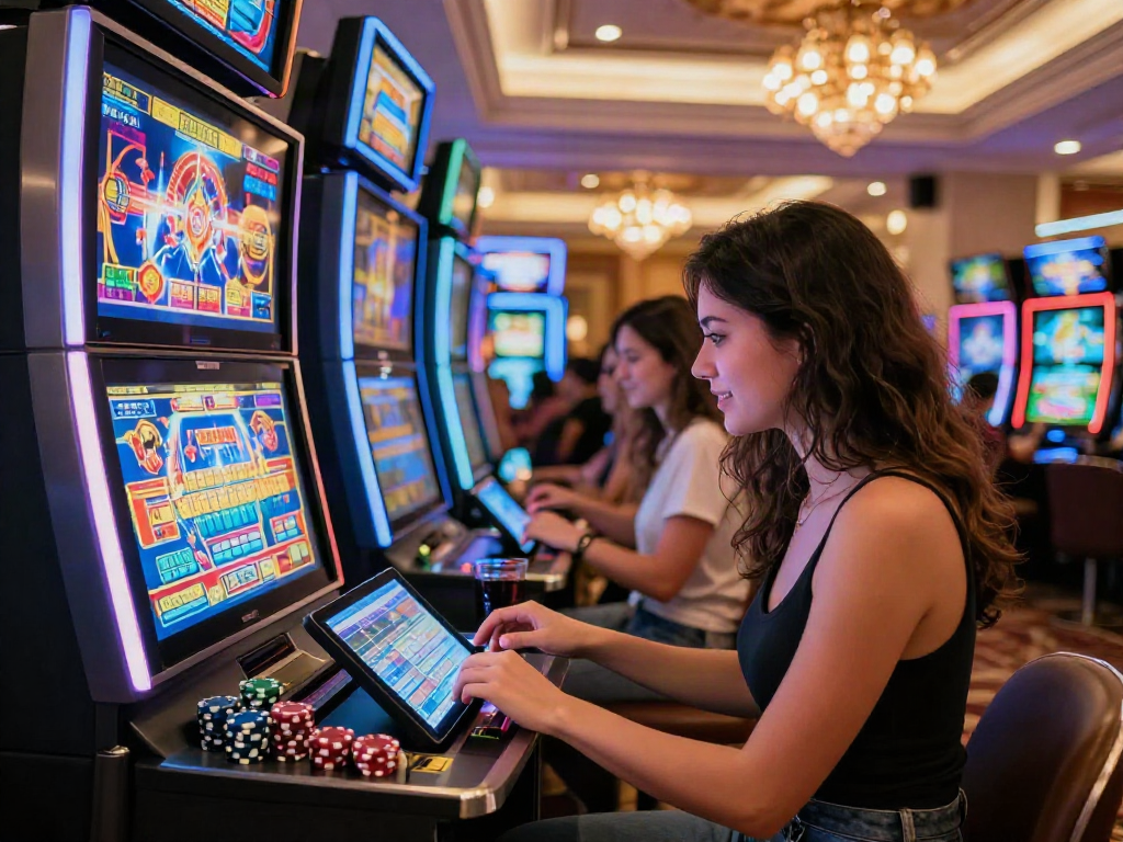 Exciting Casino En Ligne scene featuring a player engaged with a tablet, colorful graphics, and casino chips.