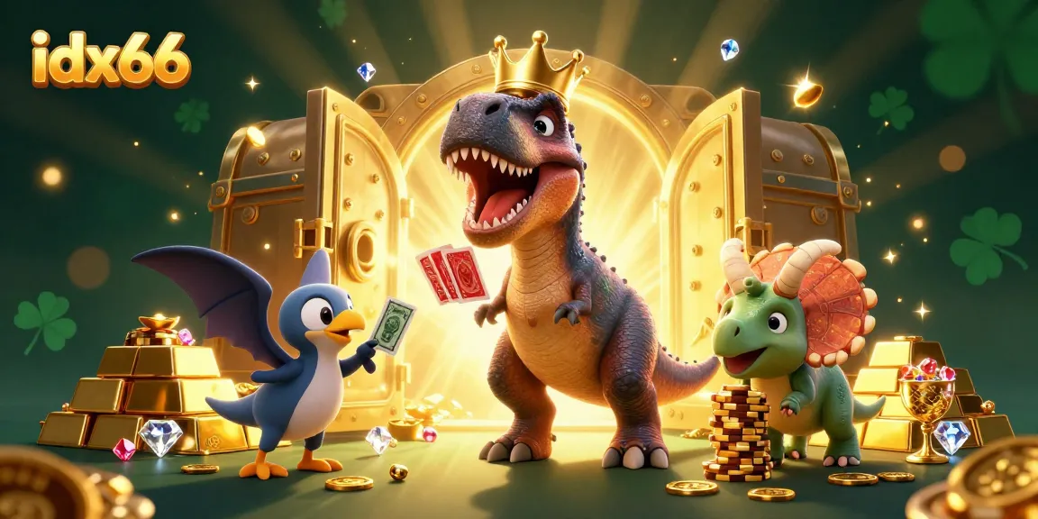 Permainan slot di idx66 menampilkan T-Rex lucu yang mencoba mengocok kartu sambil dikelilingi harta karun.
