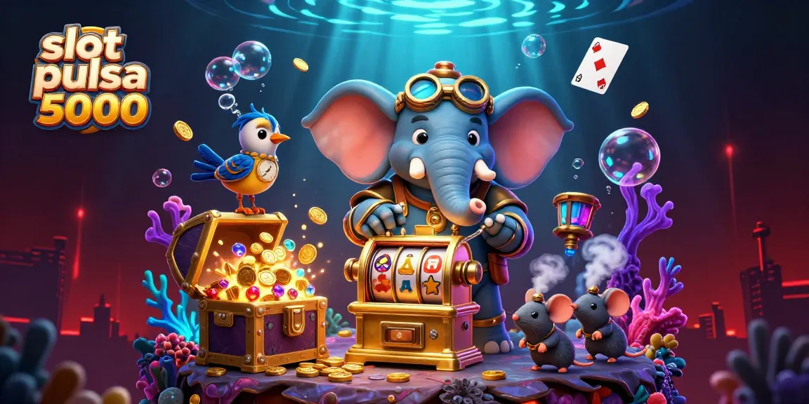 Slot pulsa 5000 menampilkan elemen permainan kasino dengan karakter menarik dan detail bioluminisensi.