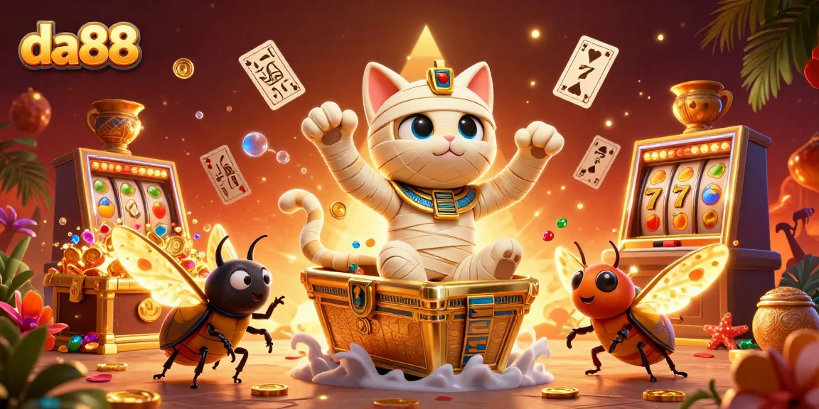 Engage with da88's exciting slots experience featuring a 3D mummy cat and dynamic casino environment.