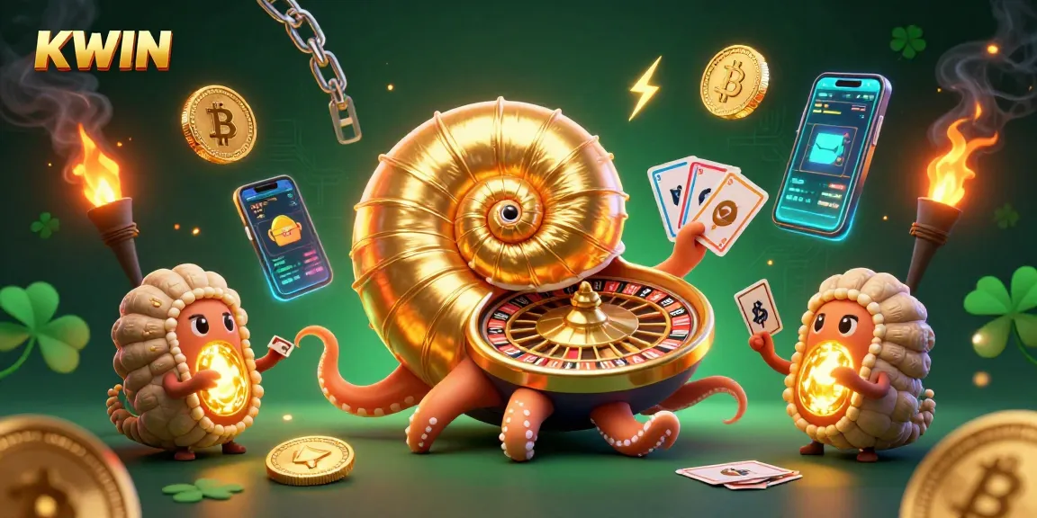 KWIN Casino: 3D cartoon nautilus with golden roulette wheel, highlighting crypto elements and vibrant gaming atmosphere.