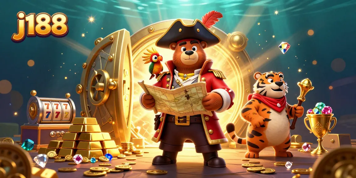 Spin the reels at j188 with a pirate bear and tiger finding treasure in this vibrant casino illustration.