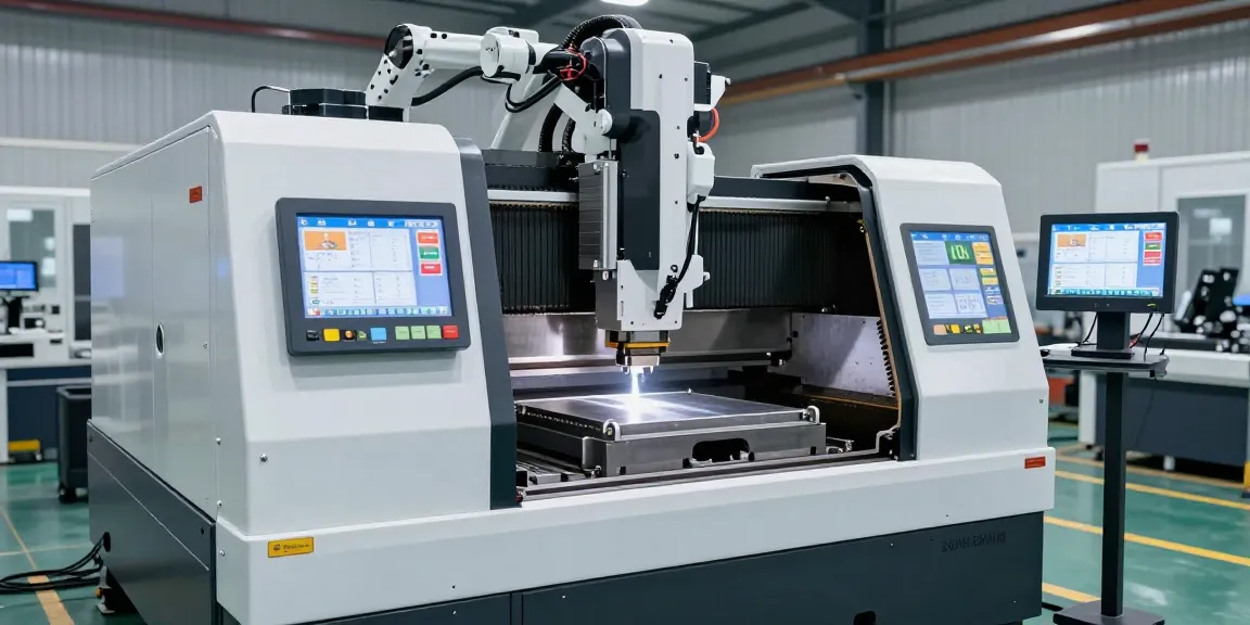 CNC press brake machine in an advanced manufacturing setup, showcasing digital interface and robotic systems, ensuring efficient metal fabrication.