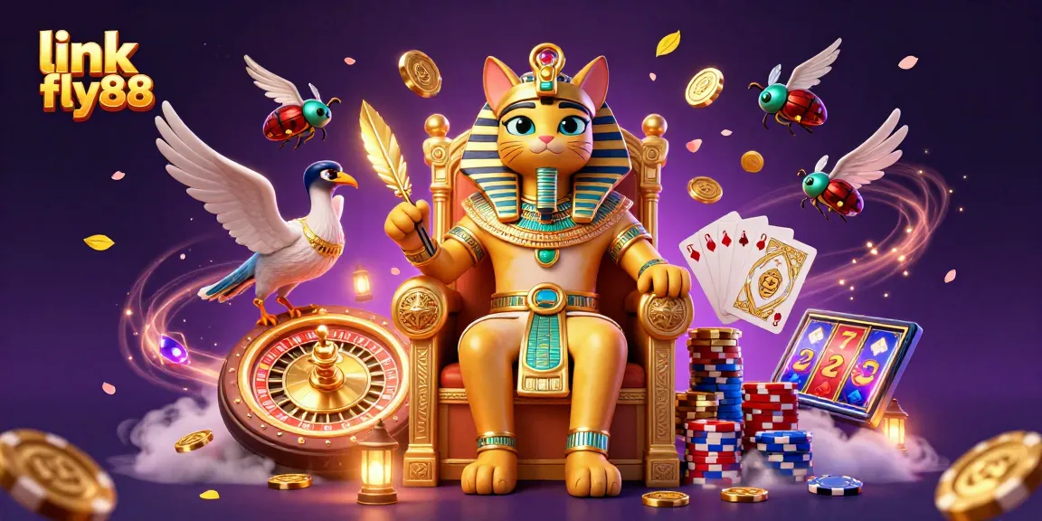 Spin to win at link fly88 with a vibrant 3D casino scene featuring a pharaoh cat, treasures, and games.