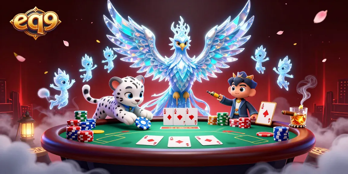 Experience thrilling gameplay at eq9 with a vibrant 3D illustration of an ice phoenix and poker elements.