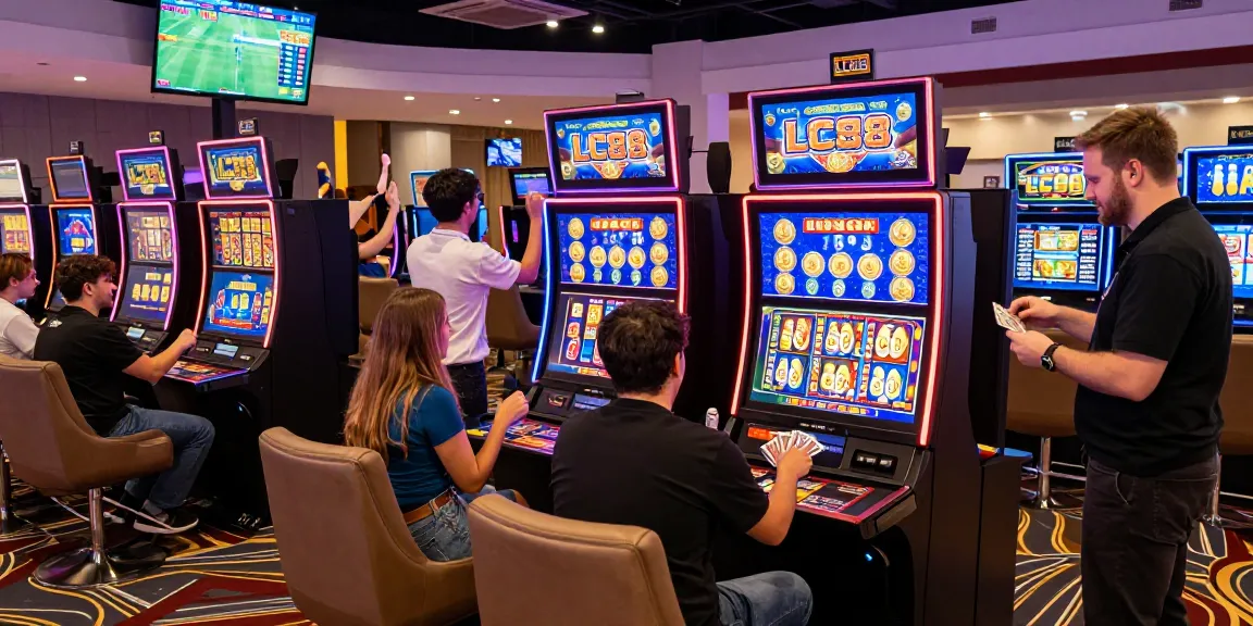 Players celebrating at LC88 casino, engaging in live gaming experiences with modern decor and vibrant atmosphere.