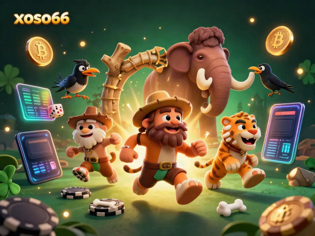 Experience the excitement of xoso66 with a vibrant illustration of a prehistoric casino featuring a caveman and sabertooth tiger.