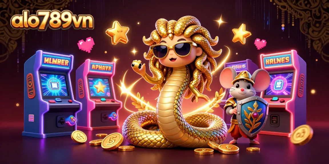 Engage in thrilling casino action with alo789vn while interacting with Medusa and a warrior in a vibrant gaming paradise.