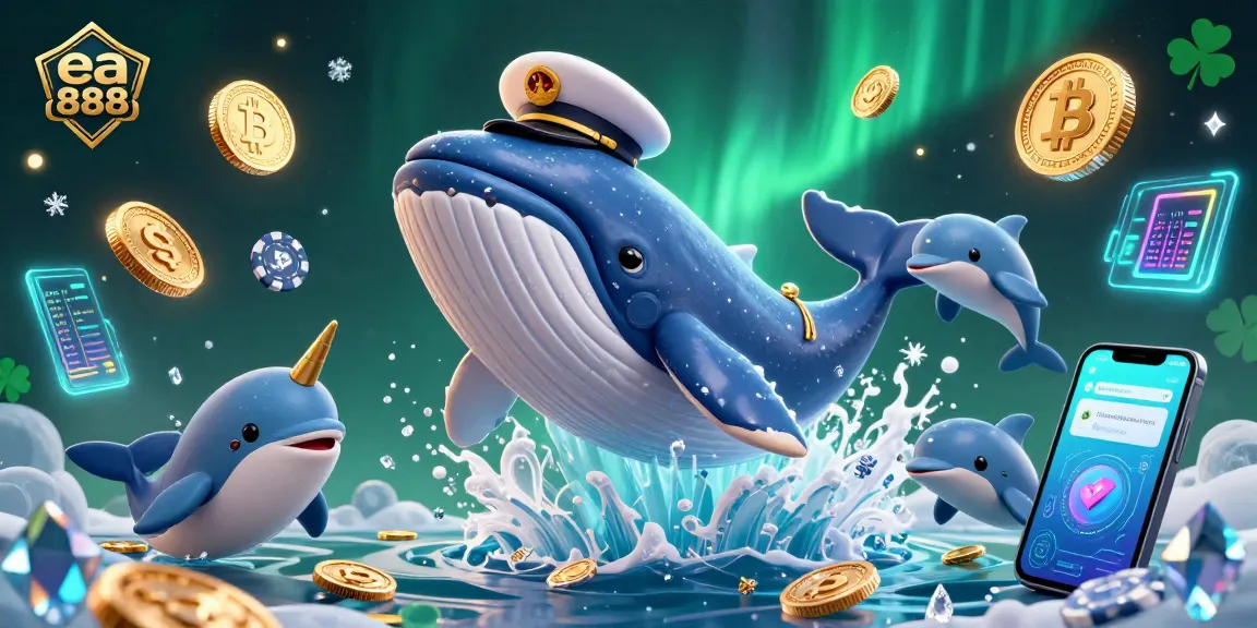 Engage with ea 888 exciting casino adventures featuring a whale, narwhal, and dolphins surrounded by coins.
