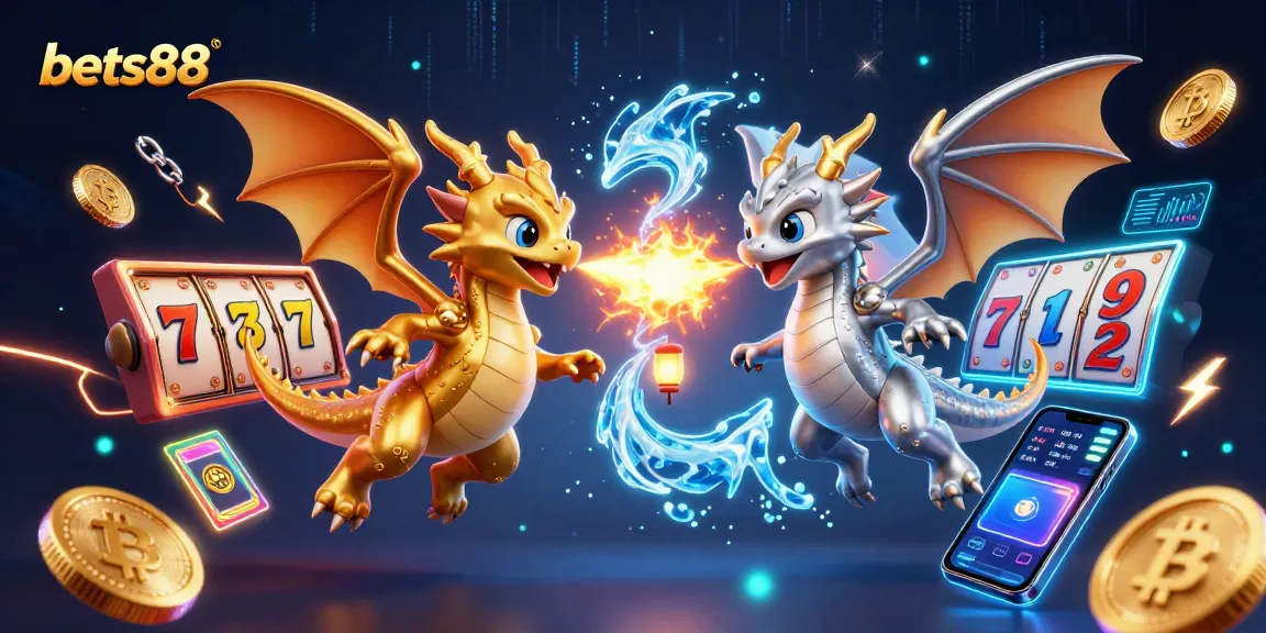 Bets88 gamers experience excitement with vibrant slot symbols and neon crypto coins.