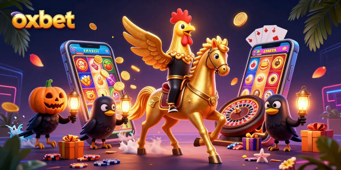 Experience vibrant gaming excitement at oxbet with a golden rooster in a lively casino.