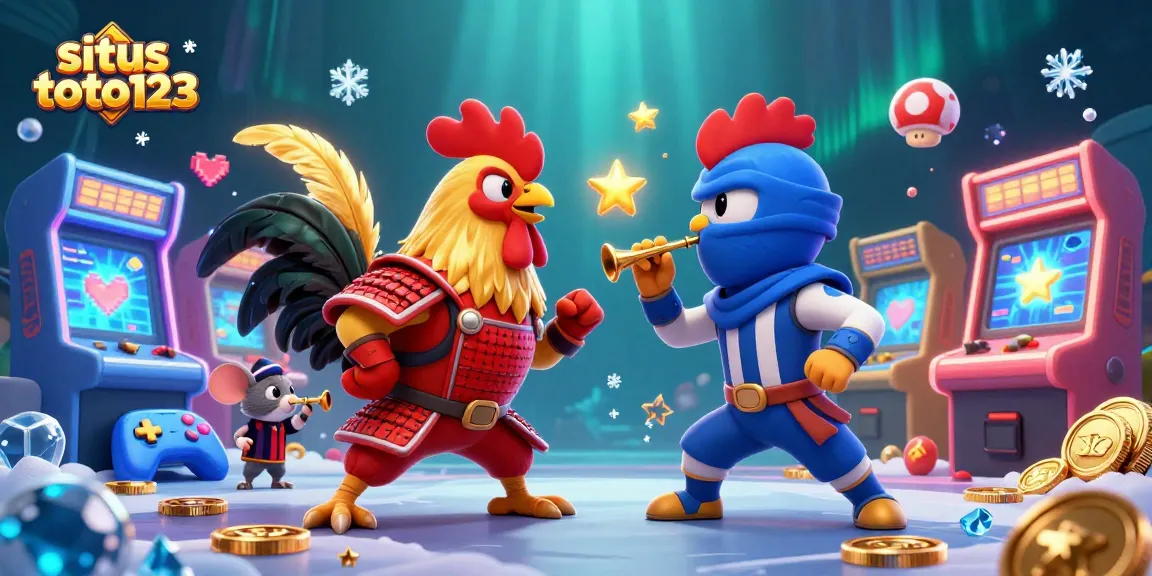 Engage with situs toto123 through thrilling rooster fights amidst vibrant arcade elements.