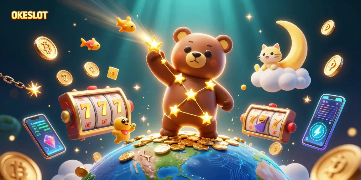 Menangkan permainan dengan OKESLOT, ilustrasi kasino 3D penuh warna dengan simbol slot yang menarik.