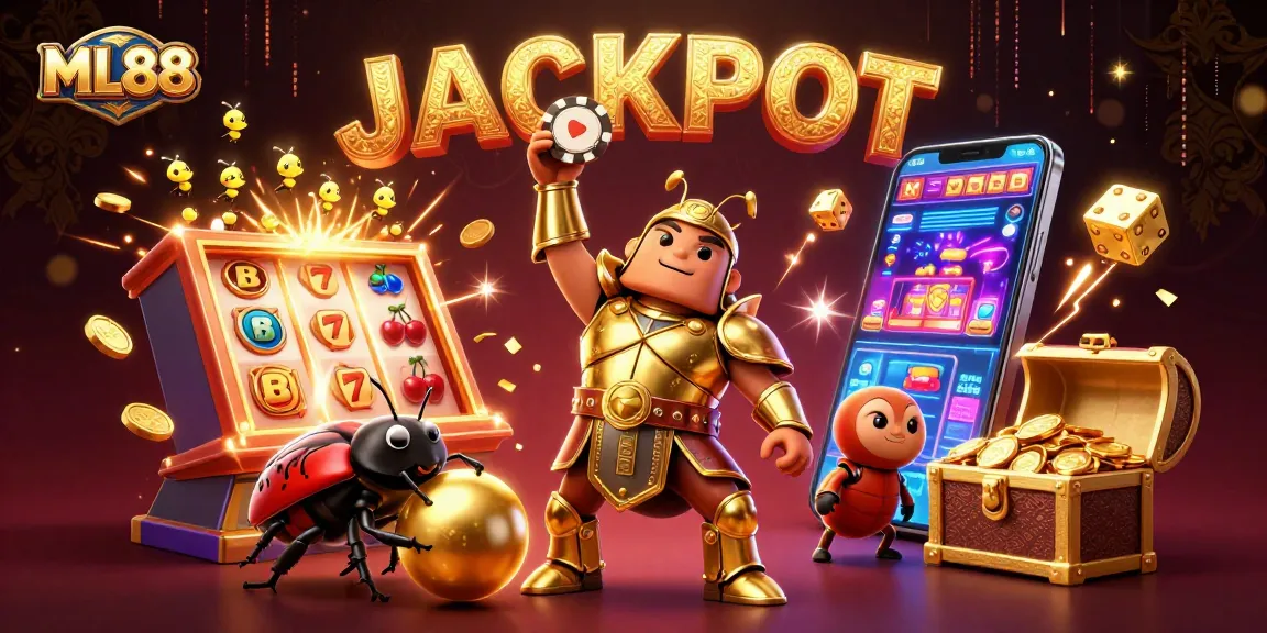 ML88 showcases a victorious gambling scene with celebratory beetles and jackpot elements.