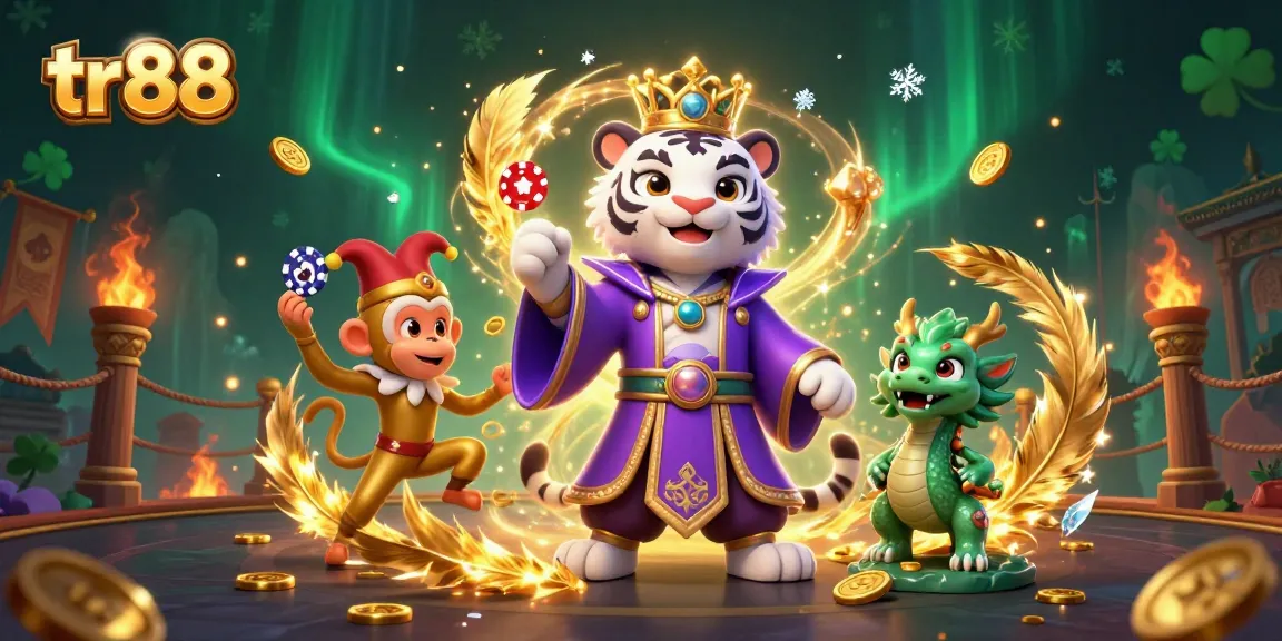 Join the action at tr88 with animated characters surrounded by gambling excitement and casino games.
