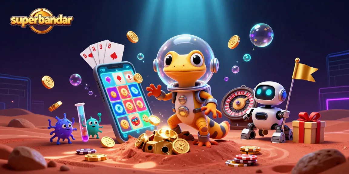 Superbandar menampilkan Martian gecko dan robot rover di kasino emas, dikelilingi slot dan koin emas.