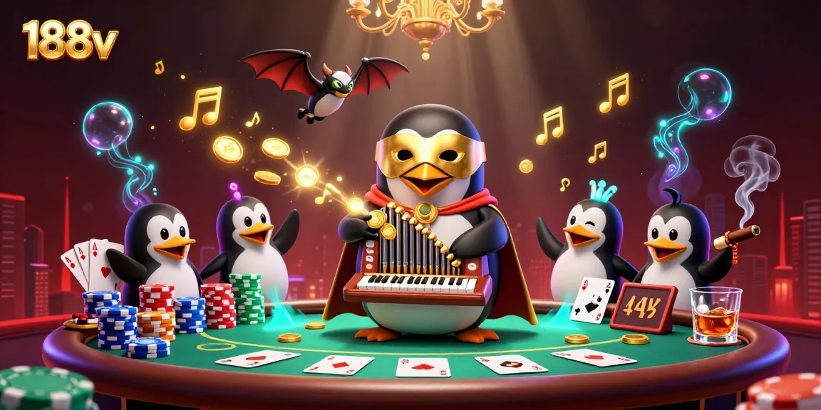 Experience the excitement of 188v casino, featuring a penguin playing organ with golden coins and acrobats.