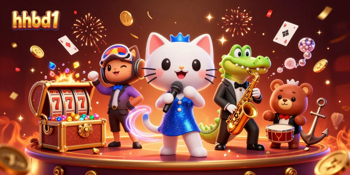 Playing at hhbd1's casino with vibrant characters, slot reels, and celebratory elements.