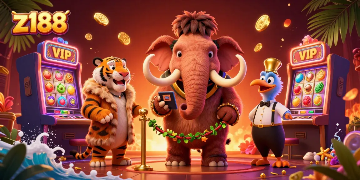 Z188 casino scene with a mammoth bouncer checking IDs, a saber-tooth tiger guest, and vibrant slot machine elements.