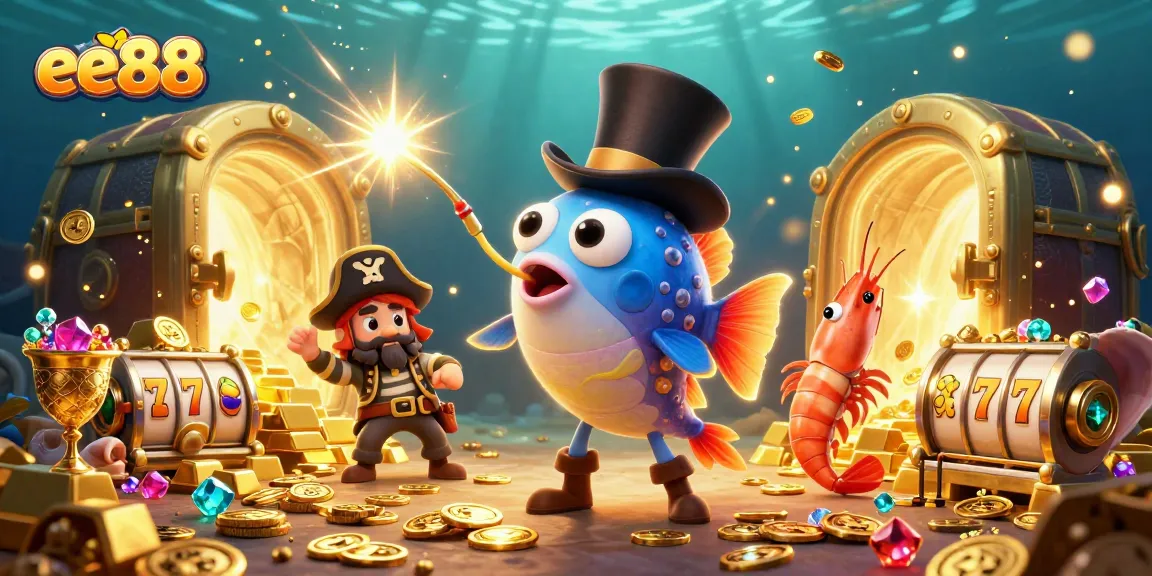 Catch golden coins with ee88 in a vibrant 3D casino-themed underwater scene.