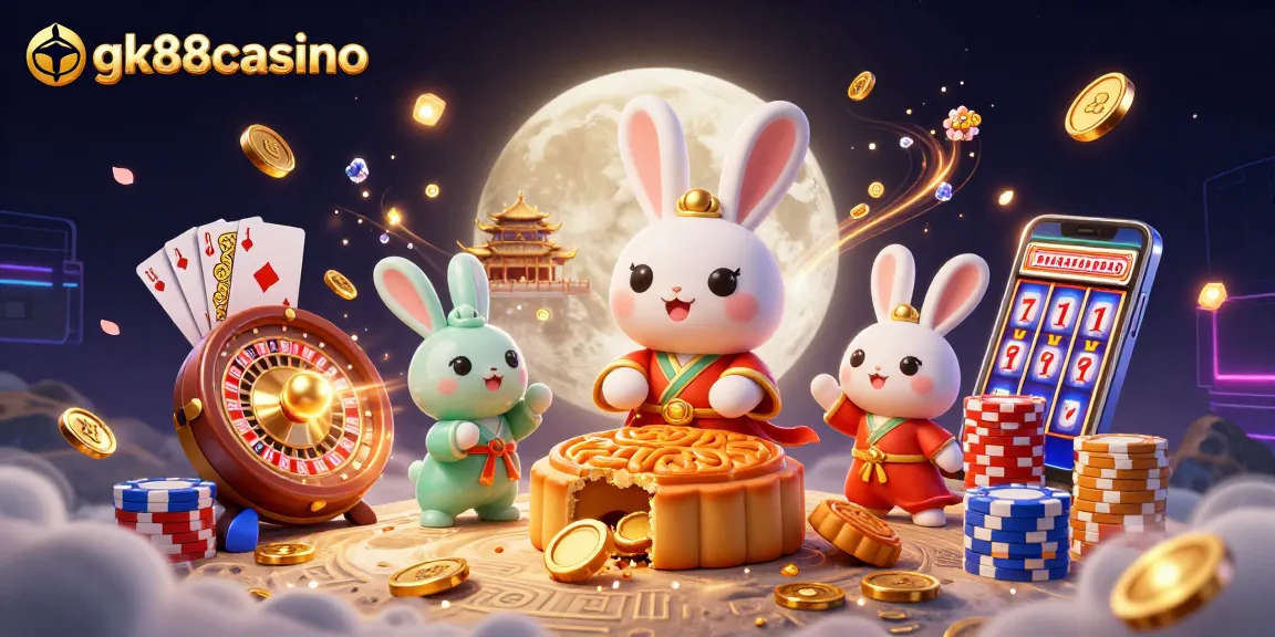 Experience the thrill of gk88casino with a vibrant 3D illustration showcasing moon rabbits, poker chips, and casino elements.