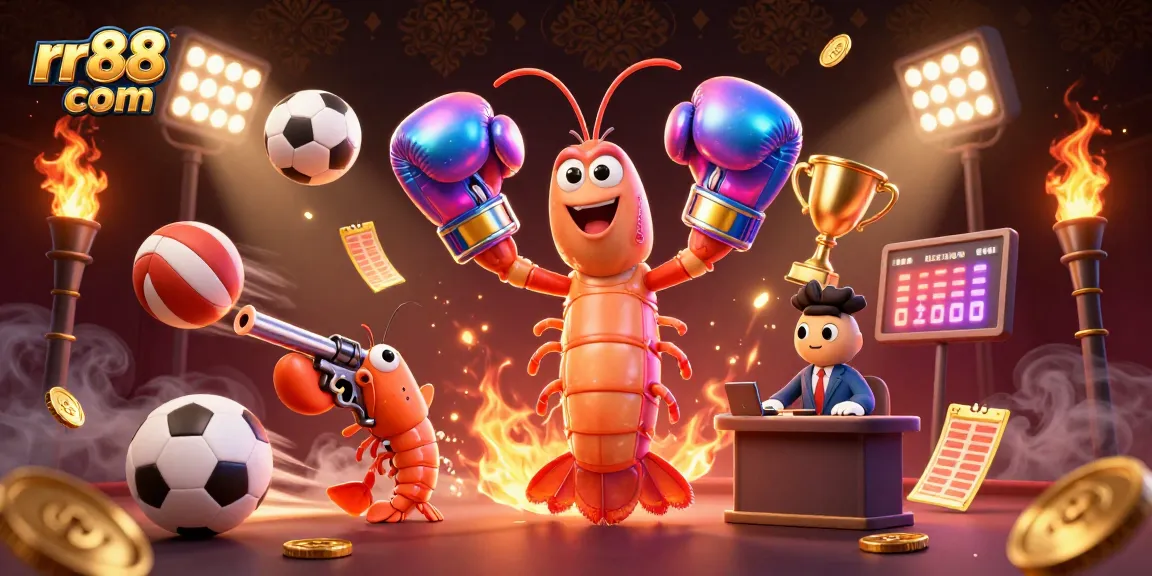 Engage with thrilling action at rr88 com, featuring vibrant characters and sports elements from a dynamic casino illustration.