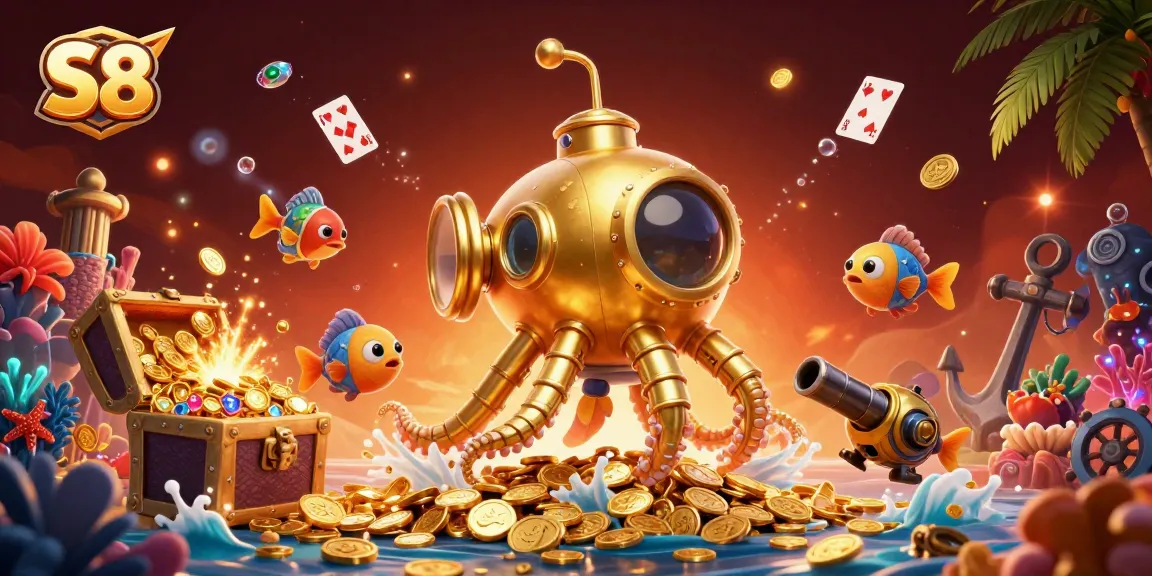 S8 immerses players in a vibrant underwater casino adventure with a golden kraken and treasure chests.