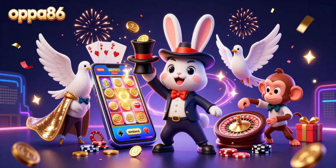 oppa86 reveals treasures in a lively casino scene with a magician pulling coins and a monkey with poker chips.