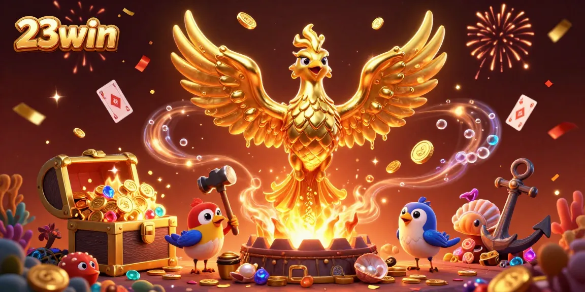 Experience 23win's thrilling casino adventure with a golden phoenix and treasure!