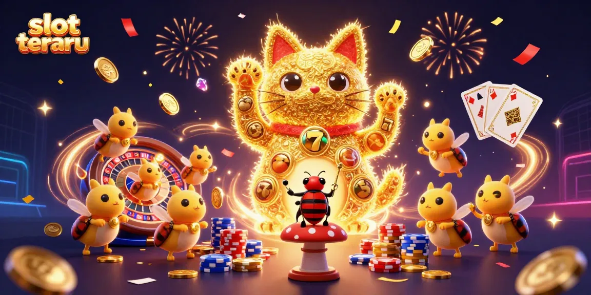 Experience the excitement of slot terbaru with a vibrant 3D illustration of a lucky cat and casino elements.
