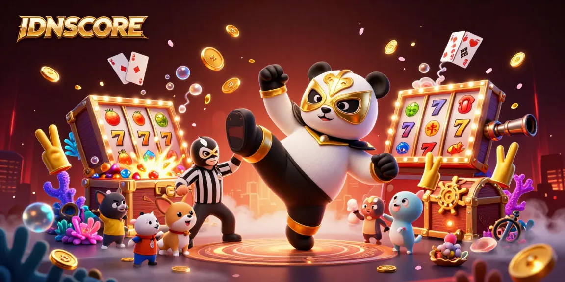 IDNSCORE offers a fast, reliable gaming experience, showcased with dynamic slot elements and engaging cartoon characters.