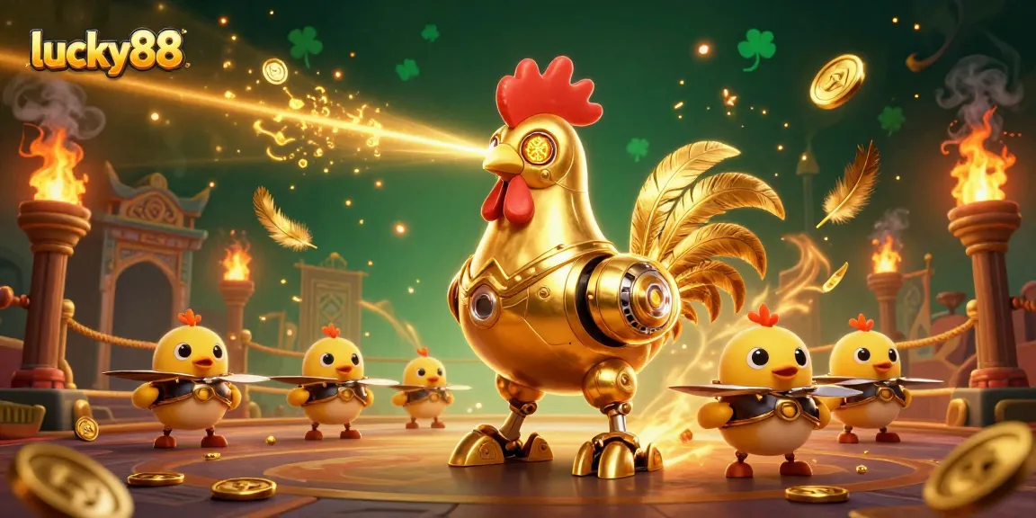 Integrate the lucky88 experience with golden rooster robots in a dynamic casino-themed arena.