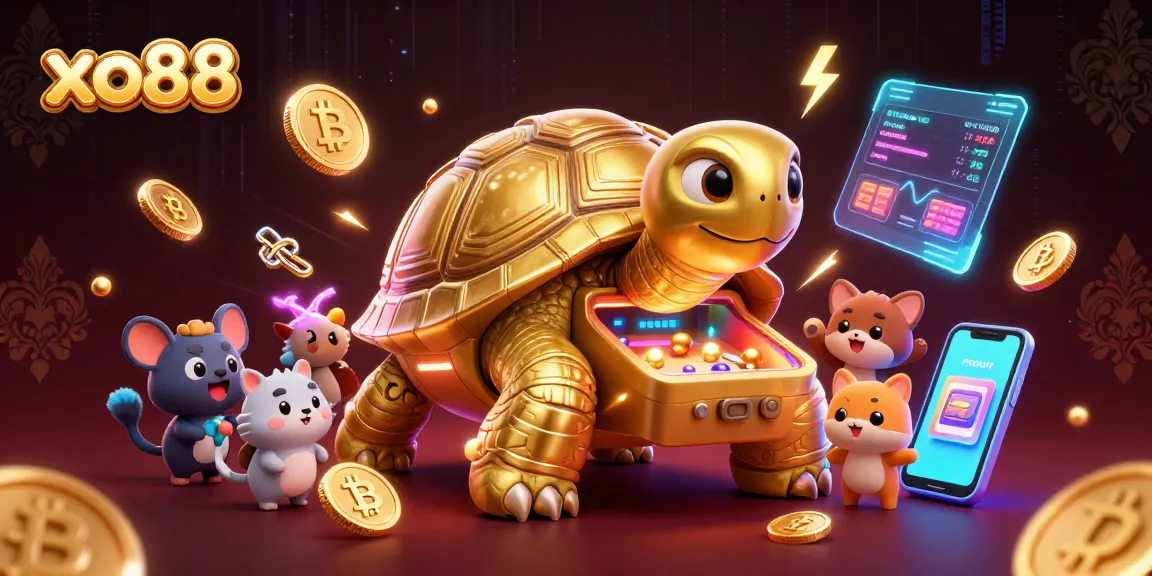 Experience the lively charm of xo88 with a playful tortoise pinball machine surrounded by crypto coins.