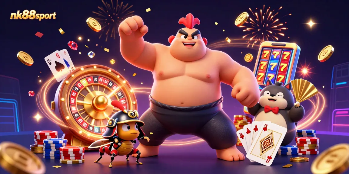 nk88sport features dynamic casino action with colorful sumo wrestler, surrounded by floating coins and cards.