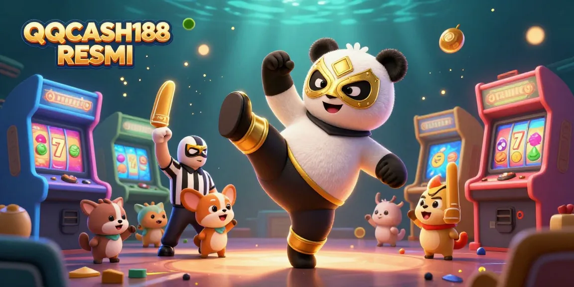 Join the excitement of QQCASH188 RESMI as a panda wrestler kicks in a lively casino arcade scene.